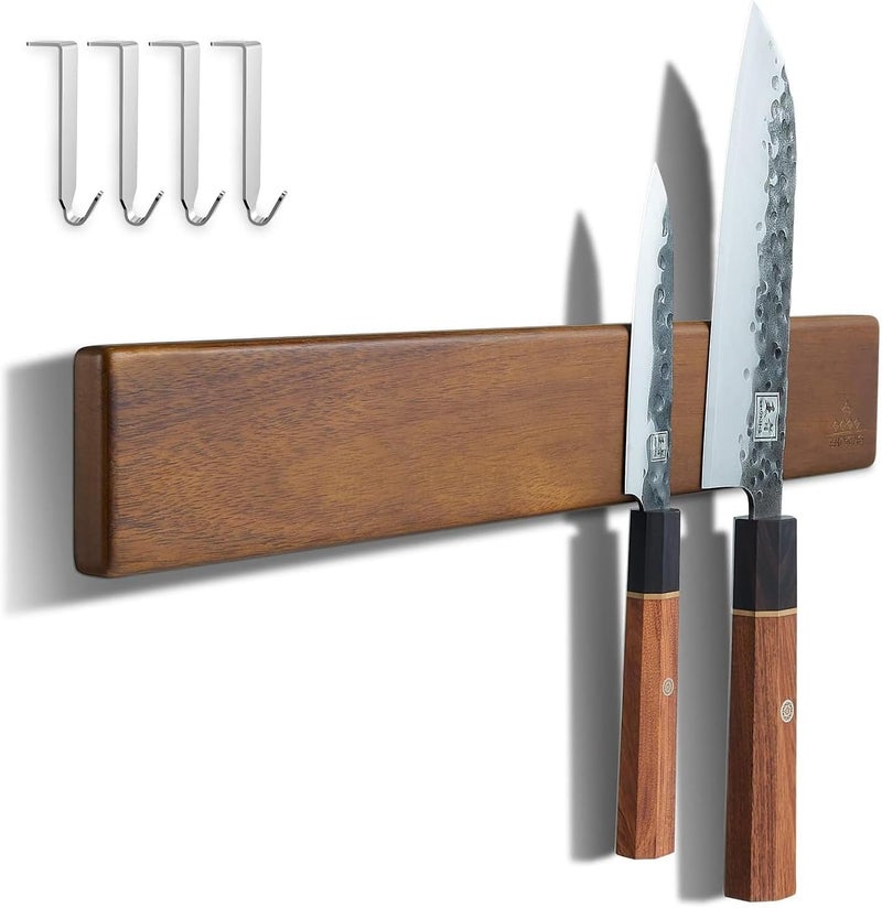 ENOKING 16 Inch Strong Magnetic Knife Holder for Wall, Solid Acacia Wood Knife Bar with 4 Hooks, 3-Way Installation: No-Drill Wall Mount, Screw Mount, & Refrigerator Slip-Proof Magnet Strip - Image 1